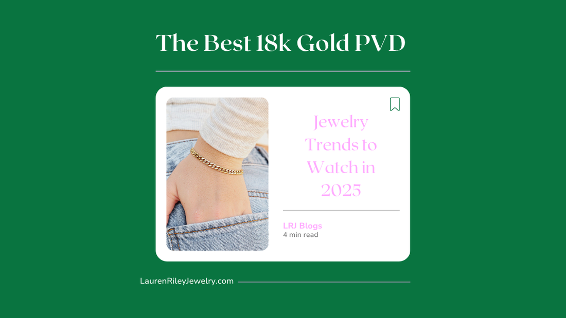 Close-up of a woman's wrist wearing a waterproof 18k gold PVD chain bracelet with denim and sweater – featured in Lauren Riley Jewelry's 2025 gold jewelry trends blog.