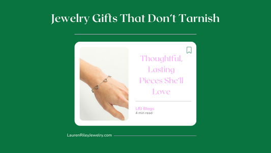 Jewelry gifts that don’t tarnish featuring a dainty waterproof gold bracelet from Lauren Riley Jewelry — the perfect thoughtful, lasting gift for her.