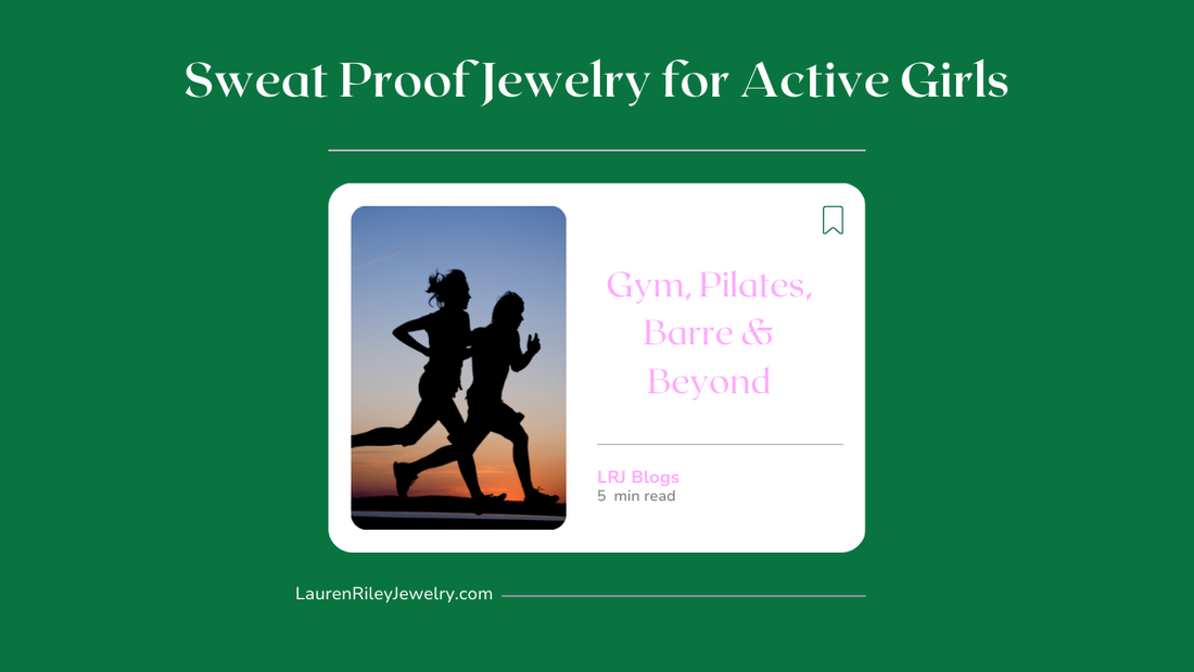 Two active women running at sunset promoting sweat proof jewelry for active girls, gym, pilates, barre, and everyday workouts