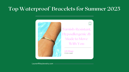 Blog preview image for “Top Waterproof Bracelets for Summer 2025” featuring a gold waterproof bracelet worn in a pool, with text highlighting tarnish-resistant and hypoallergenic jewelry benefits