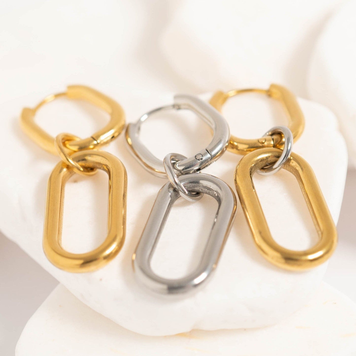 Set of convertible huggie dangle earrings in gold, silver, and mixed metals – waterproof, tarnish-free, hypoallergenic jewelry by Lauren Riley Jewelry
