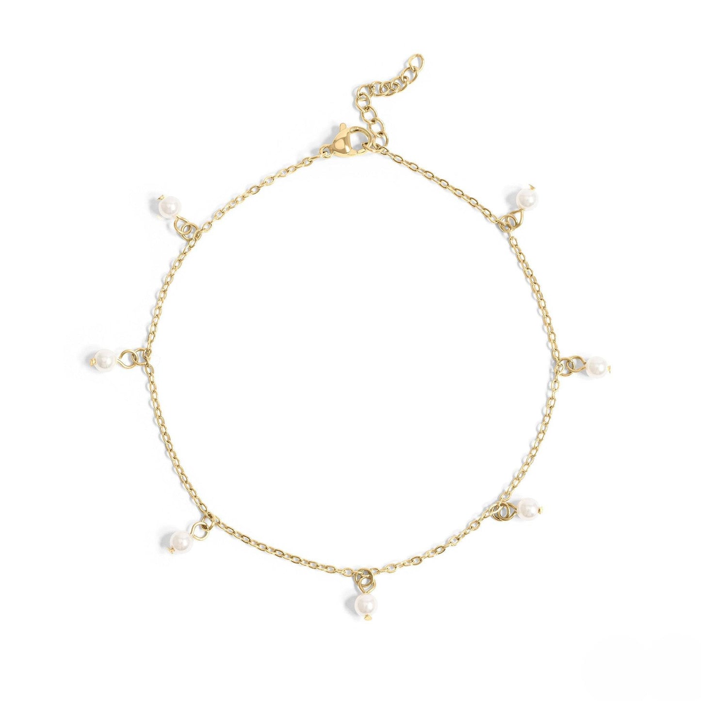 Dainty gold anklet with small pearl charms – beach-ready, waterproof, and perfect for stacking from Lauren Riley Jewelry
