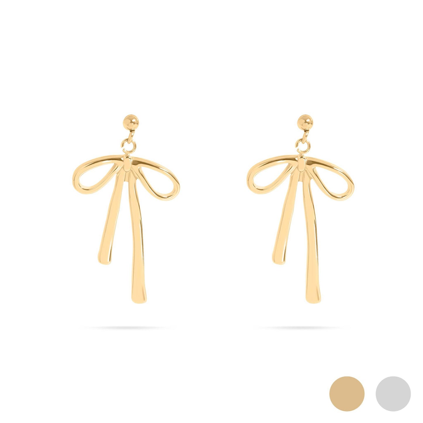 Pair of gold bow drop earrings with a ribbon-inspired design, shown on a white background. Tarnish-free, hypoallergenic, and waterproof earrings from Lauren Riley Jewelry.