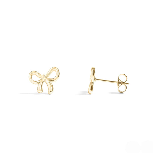 Gold bow stud earrings with hypoallergenic posts, waterproof and dainty for everyday wear – perfect gift for girls and women.