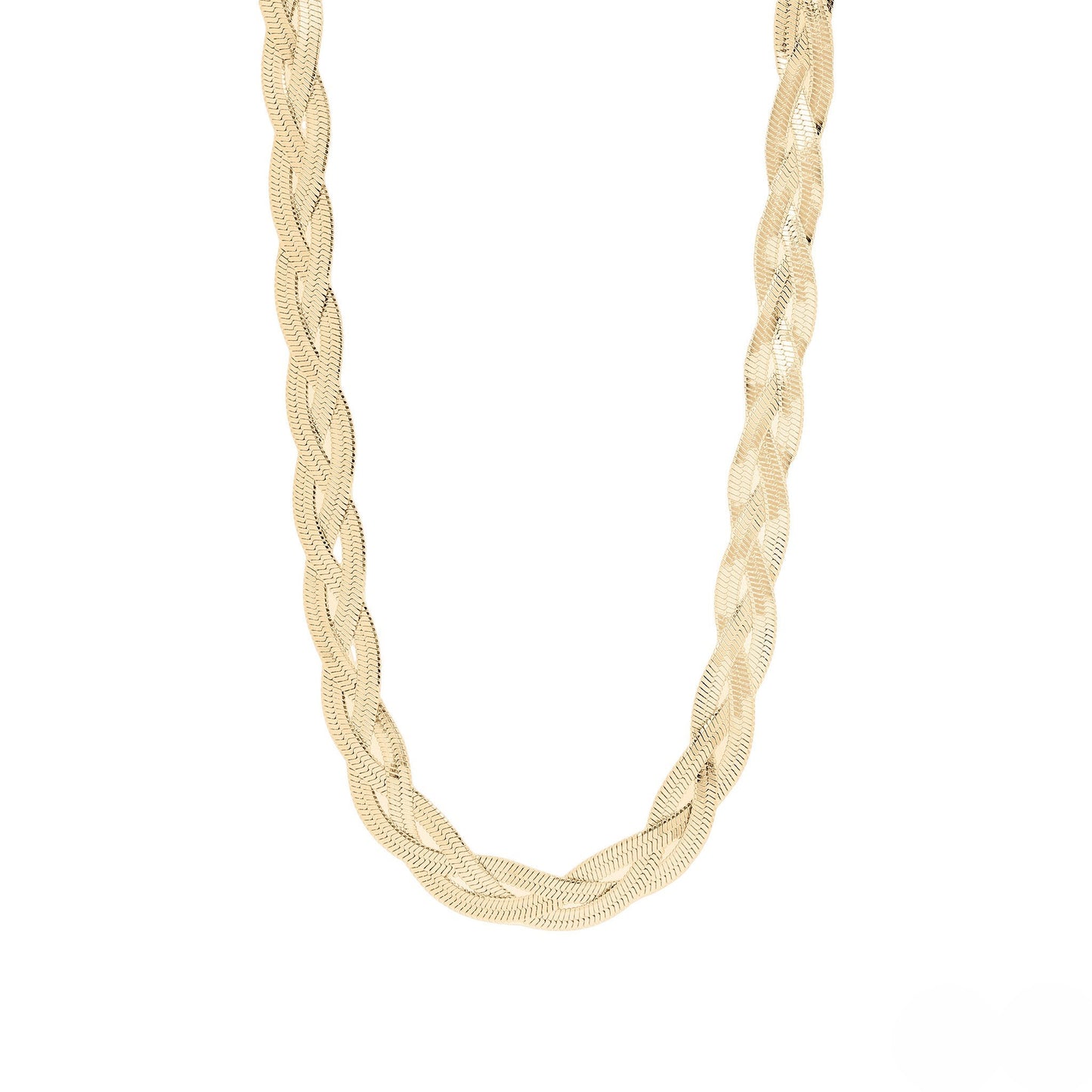 Gold braided herringbone necklace made from waterproof hypoallergenic stainless steel by Lauren Riley Jewelry