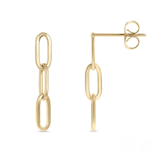 Elegant gold chain link drop earrings with three oval links, waterproof and hypoallergenic, from Lauren Riley Jewelry