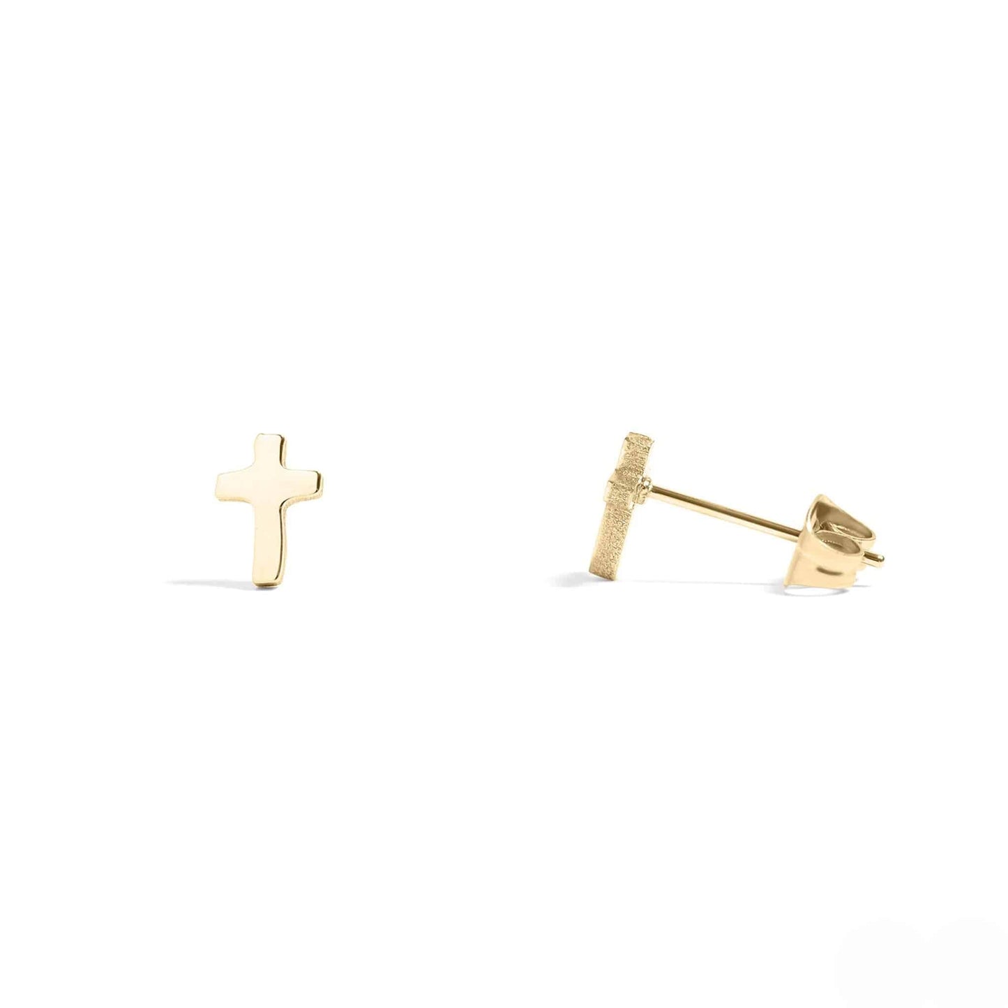 Minimalist gold cross stud earrings with a shiny and polished finish, symbolizing faith and simplicity – Lauren Riley Jewelry.