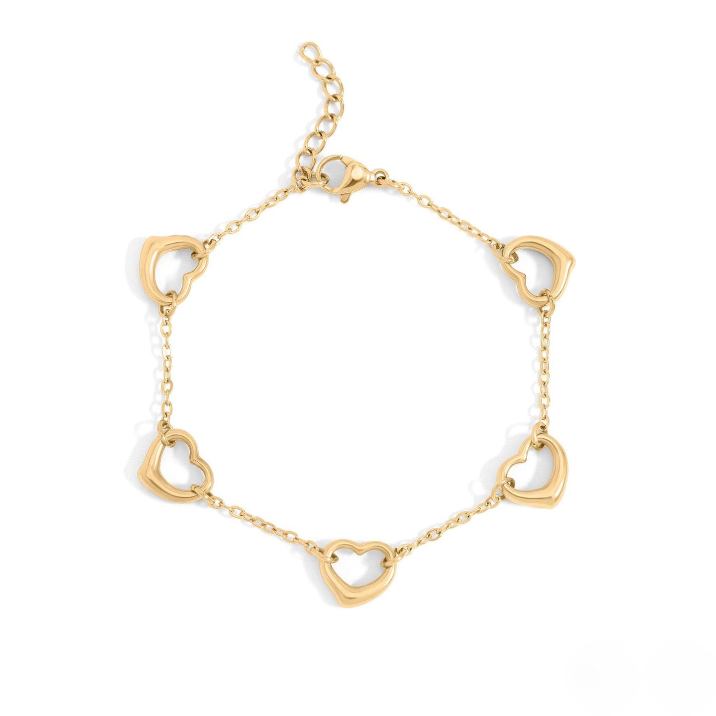 Gold heart charm bracelet featuring dainty open heart links, waterproof and hypoallergenic, perfect for layering or everyday wear.