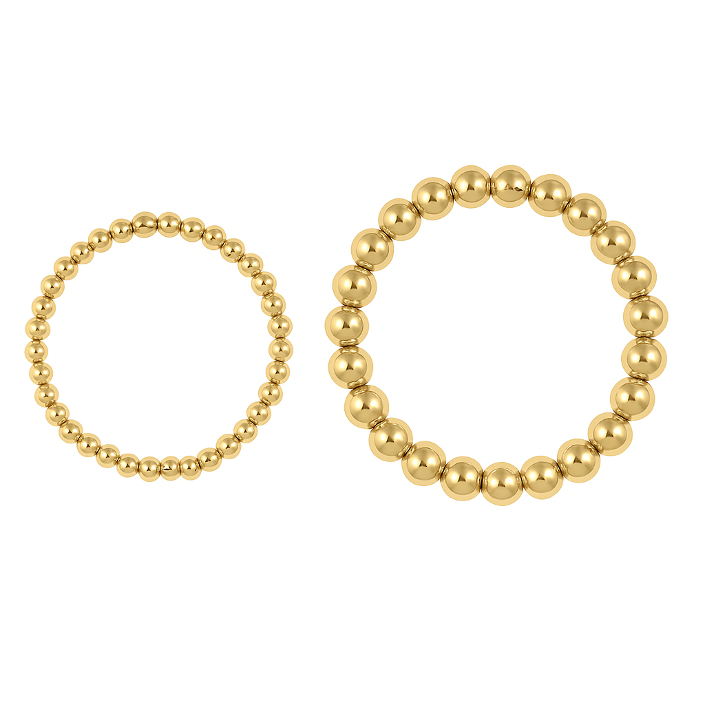 Side-by-side comparison of 5mm and 8mm gold beaded stretch bracelets – waterproof, hypoallergenic, and tarnish-resistant jewelry by Lauren Riley Jewelry