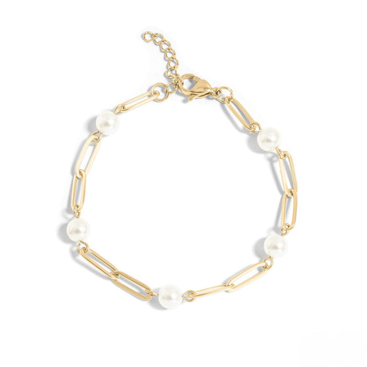 "Elegant gold pearl paperclip bracelet – waterproof and hypoallergenic jewelry by Lauren Riley