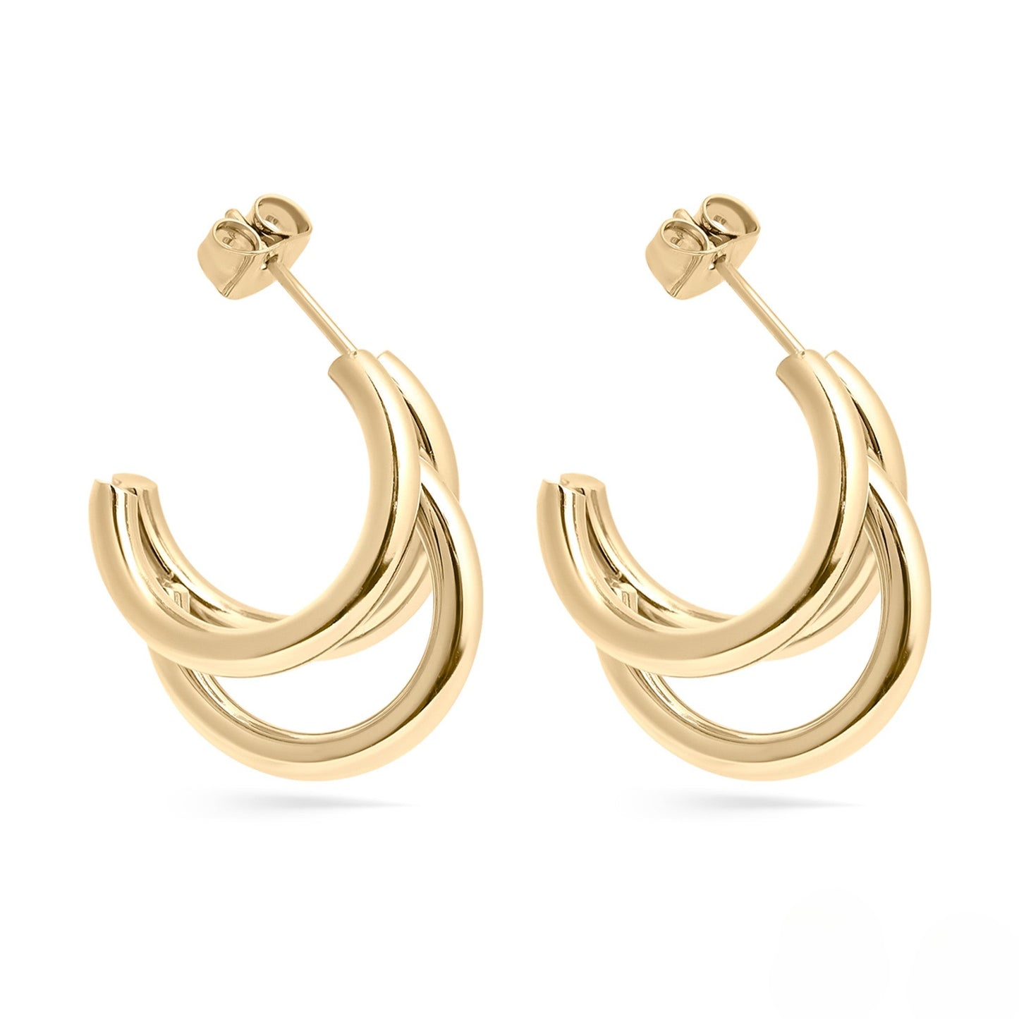Elegant gold triple layer hoop earrings made with 18k PVD coating — waterproof, tarnish-resistant, and hypoallergenic for sensitive ears