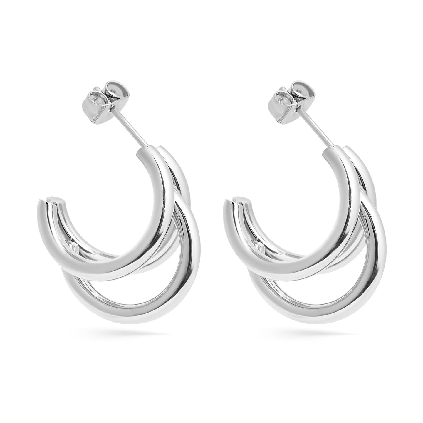 Stylish silver triple layer hoop earrings crafted with hypoallergenic stainless steel and PVD coating — waterproof and tarnish-resistant for everyday wear