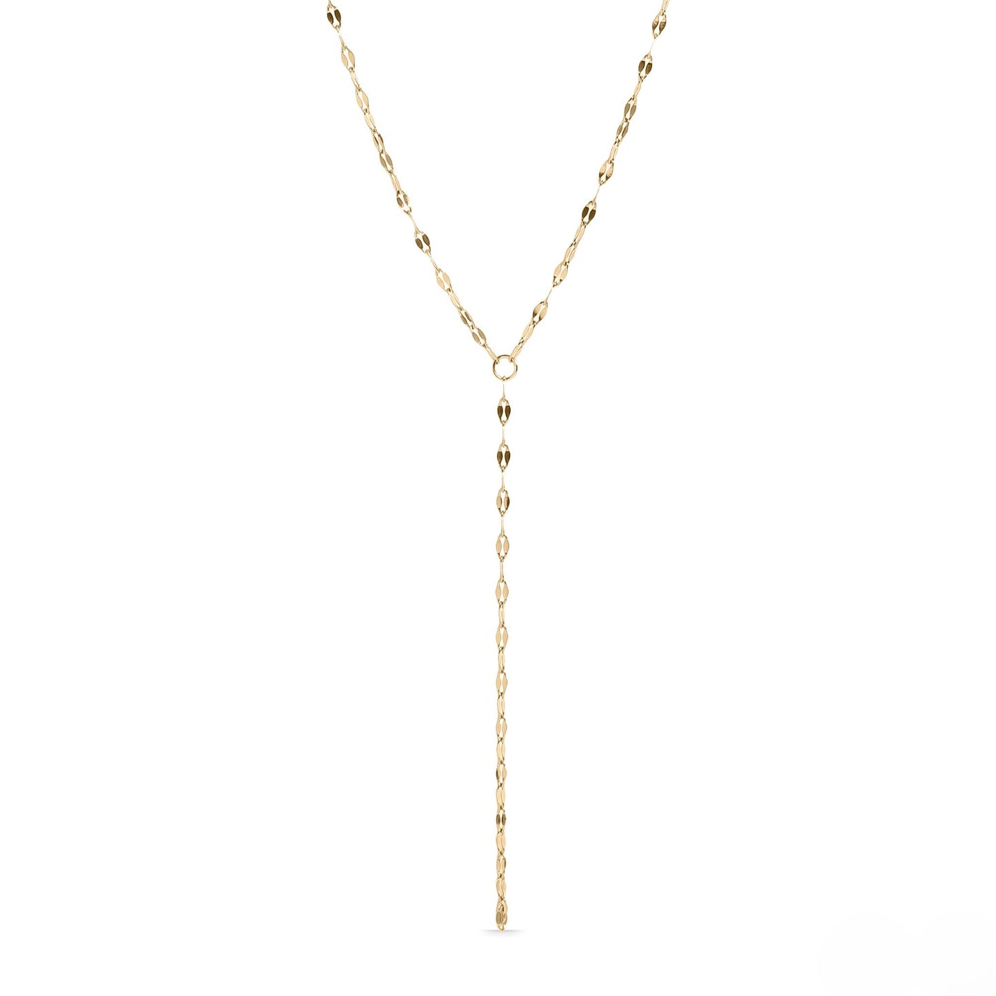 Close-up of a minimalist 18k gold Y-lariat necklace with elongated chain drop – waterproof, tarnish-resistant, and hypoallergenic jewelry from Lauren Riley Jewelry.