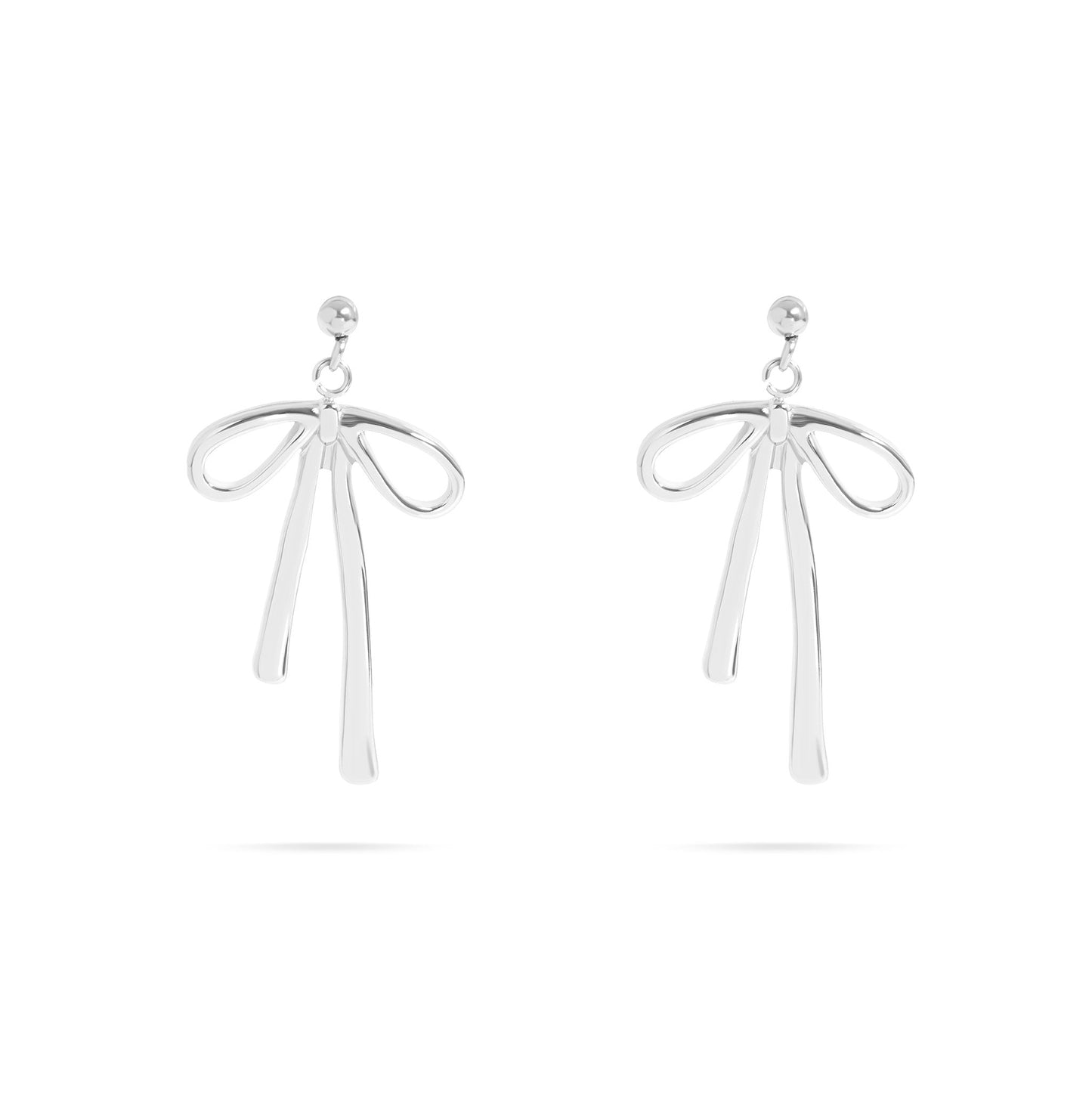 Pair of silver bow drop earrings with a delicate ribbon-inspired design on a white background. Hypoallergenic, tarnish-free, and waterproof earrings by Lauren Riley Jewelry.