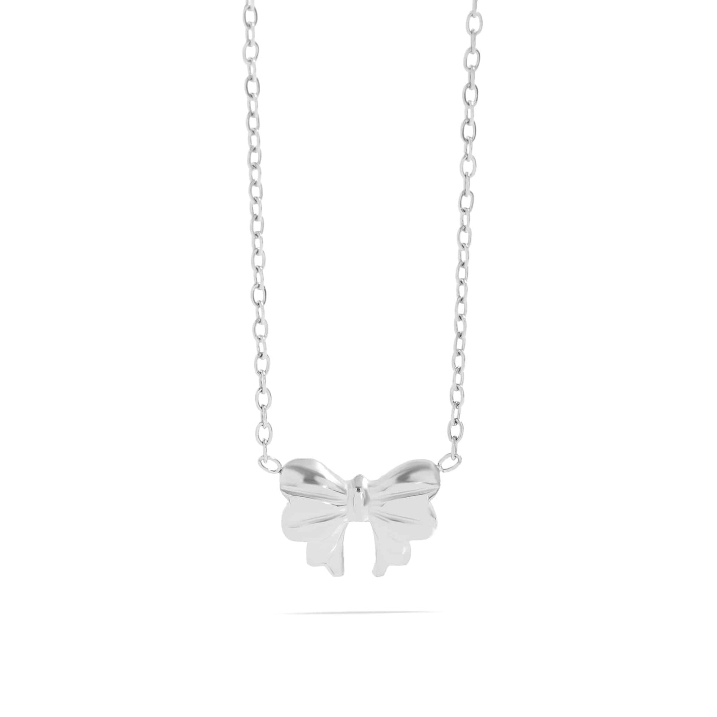 Elegant silver bow pendant necklace with hypoallergenic, waterproof stainless steel chain from Lauren Riley Jewelry