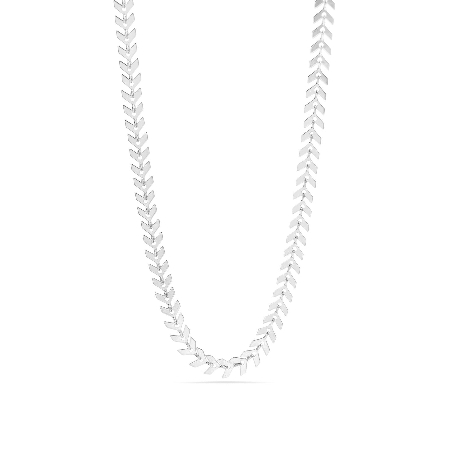 Sleek silver chevron herringbone chain necklace laid flat on a white background, featuring a reflective V-link pattern ideal for a minimalist, elegant jewelry look.