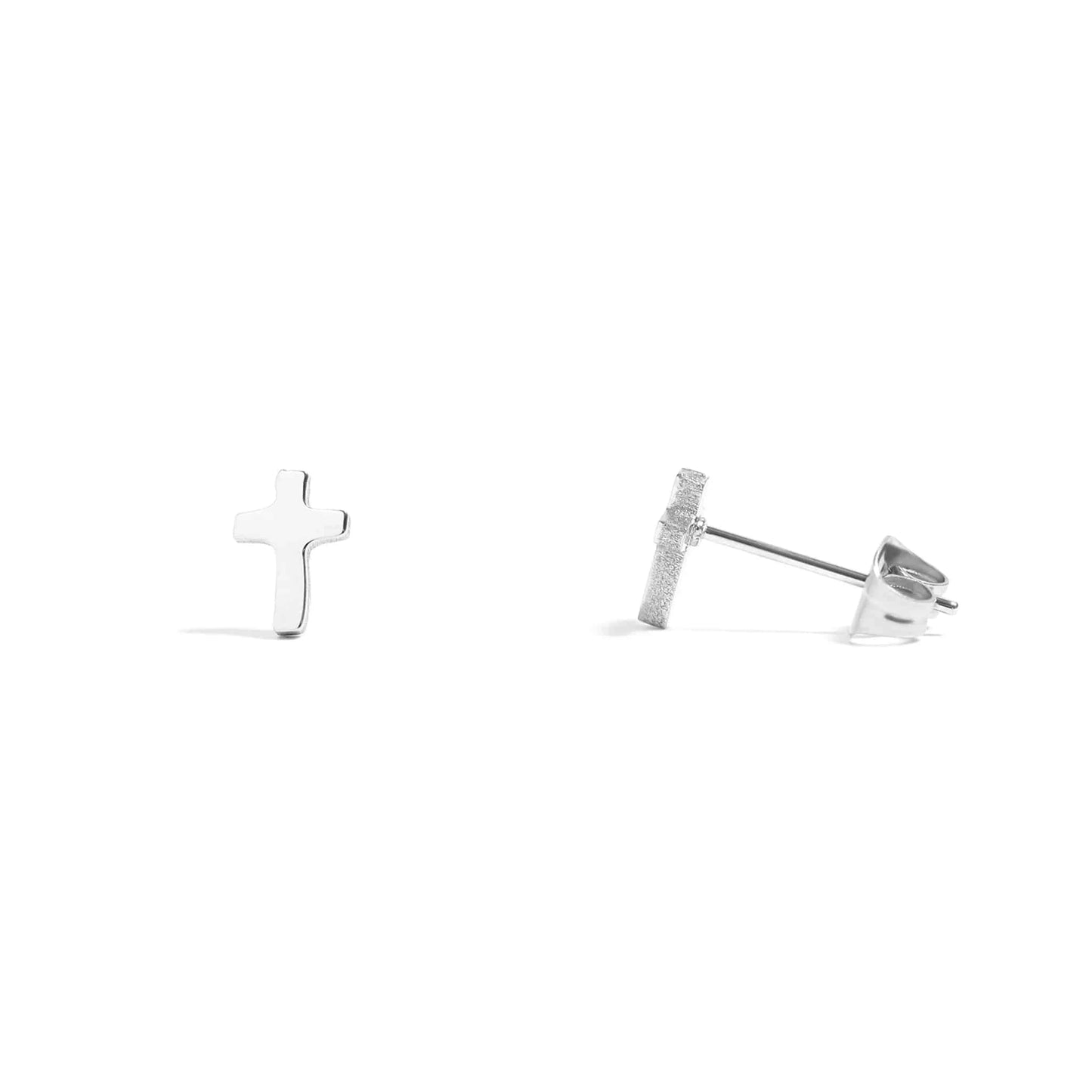 Dainty silver cross stud earrings with a matte and polished texture, hypoallergenic and perfect for faith-inspired everyday wear – Lauren Riley Jewelry.