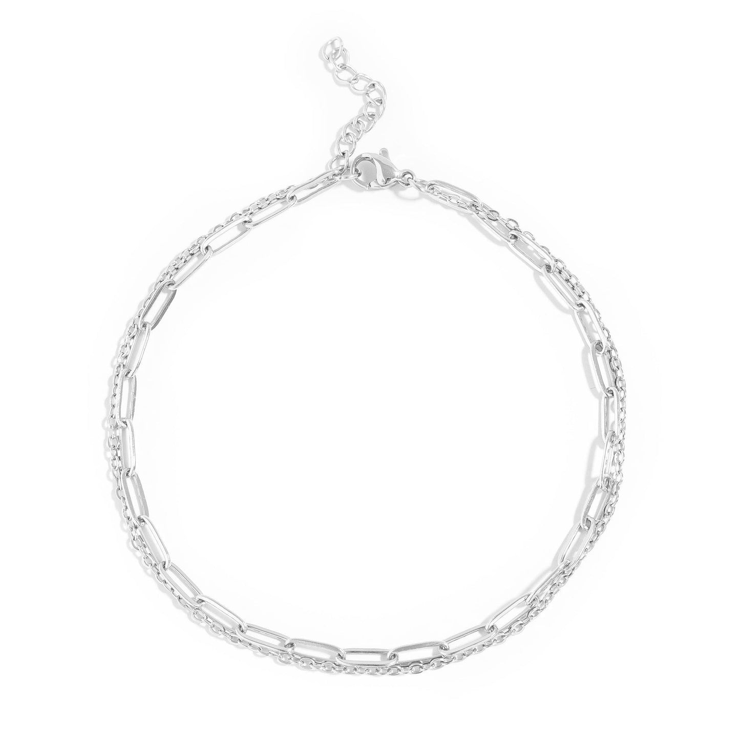 Silver layered chain anklet made from waterproof hypoallergenic stainless steel – sleek, durable beach-safe jewelry by Lauren Riley Jewelry