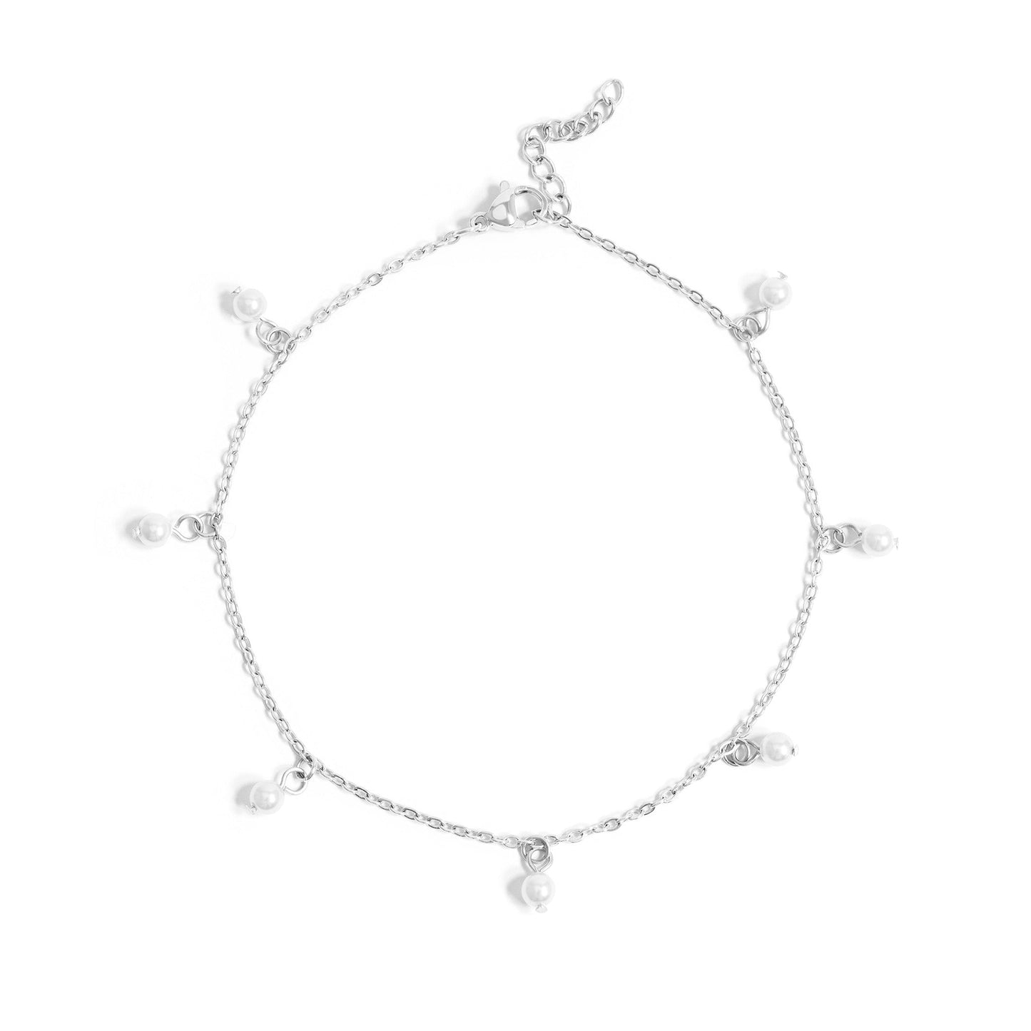 Elegant silver anklet with pearl charms – waterproof, dainty, and perfect for stacking from Lauren Riley Jewelry