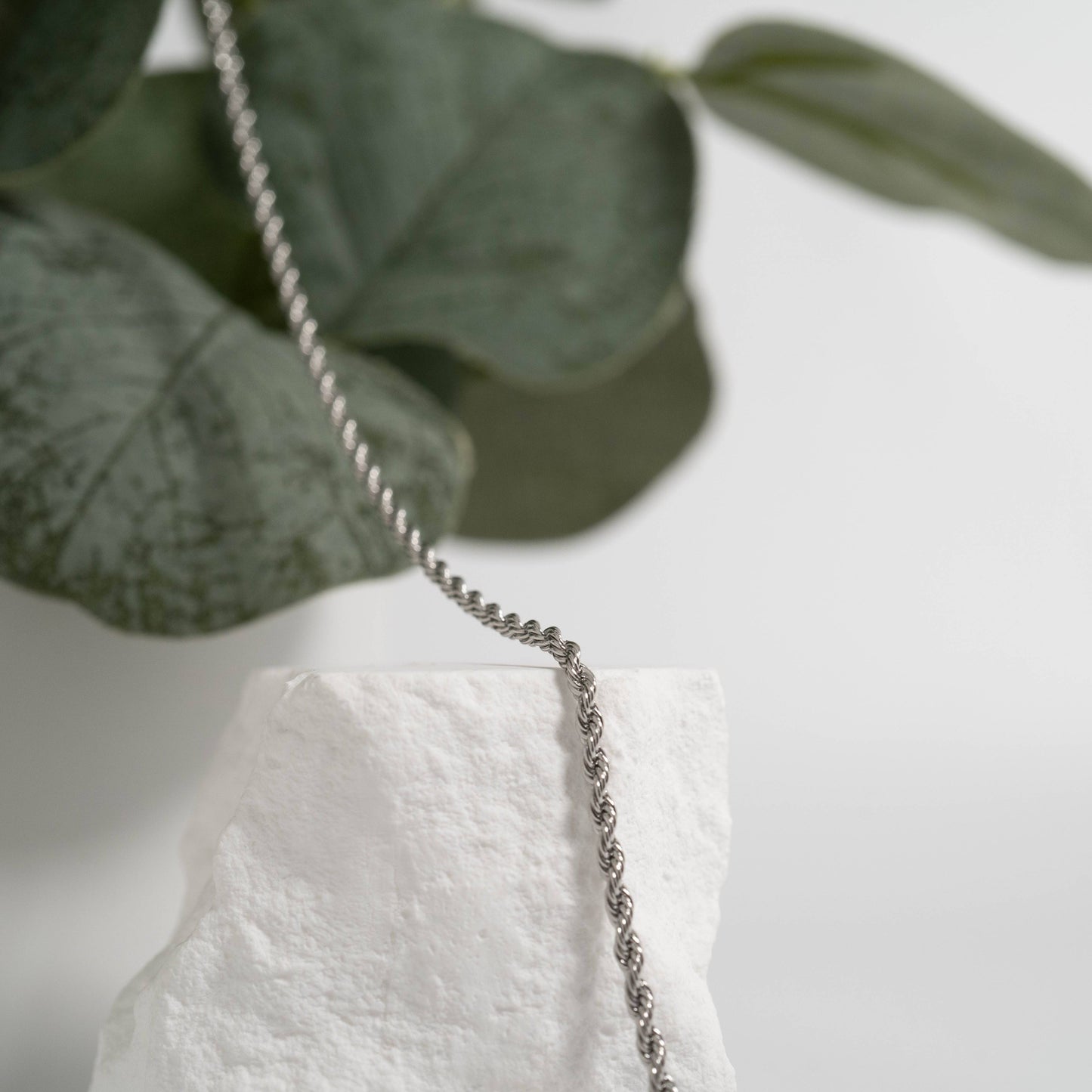 Stainless steel silver rope chain necklace draped over white rock with eucalyptus background, showcasing minimalist jewelry styling.