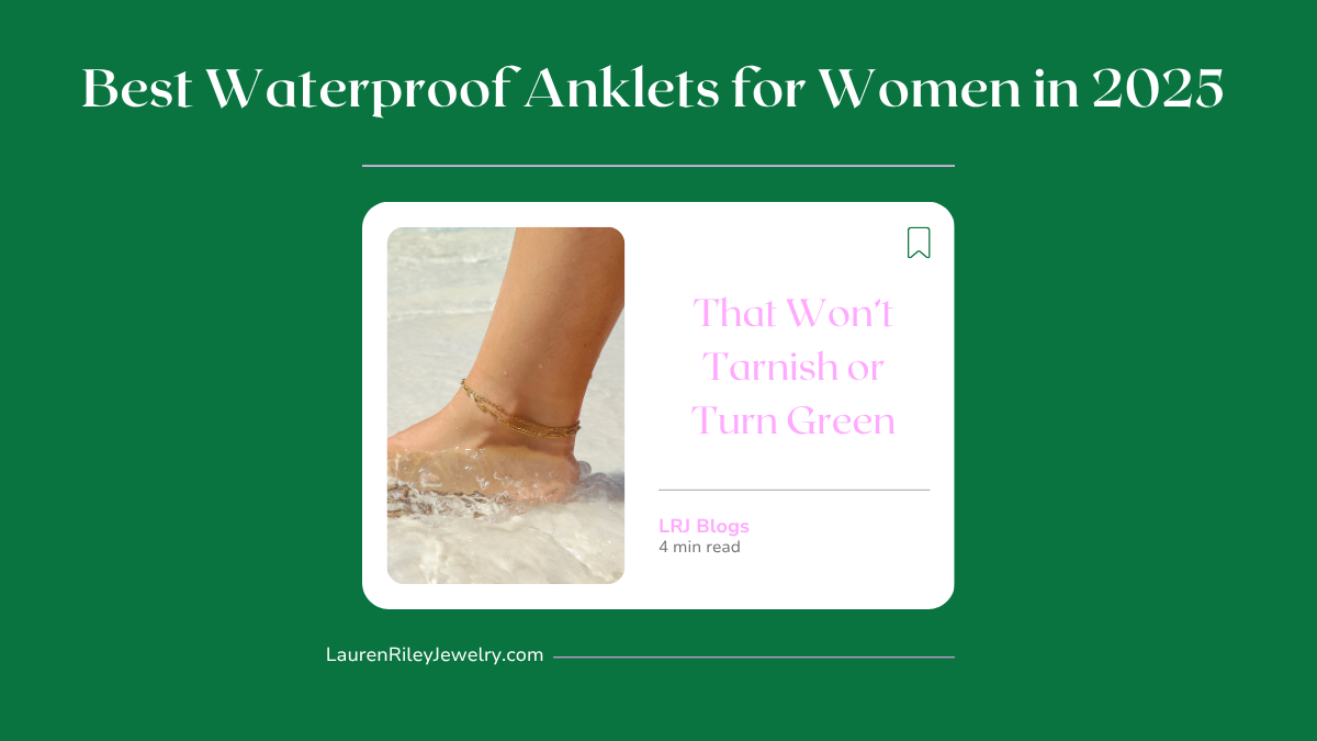 Gold waterproof anklet worn in ocean waves – tarnish-resistant anklet for women that won’t turn green, featured in Lauren Riley Jewelry's 2025 guide
