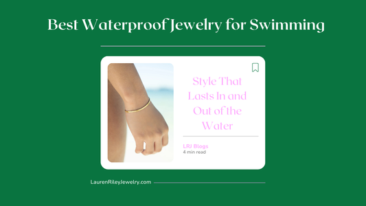 Blog cover graphic for “Best Waterproof Jewelry for Swimming” featuring gold bangle bracelet and the phrase “Style That Lasts In and Out of the Water”