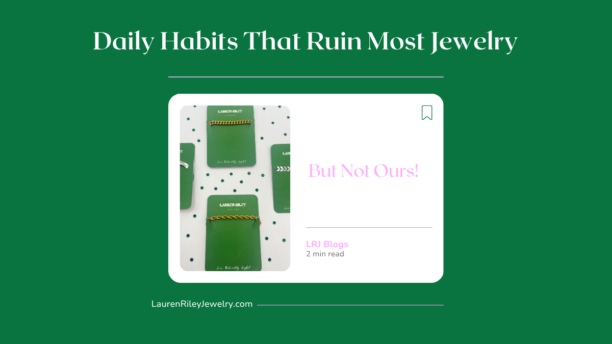 Flatlay image of Lauren Riley Jewelry green pouches featuring waterproof and tarnish-resistant gold bracelets, used in blog about daily habits that damage most jewelry.