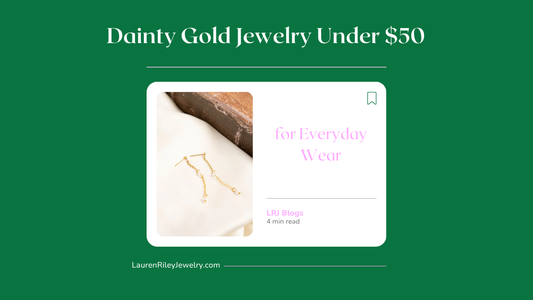 Dainty gold earrings under $50 styled on a white background – affordable waterproof hypoallergenic jewelry from Lauren Riley Jewelry for everyday wear.