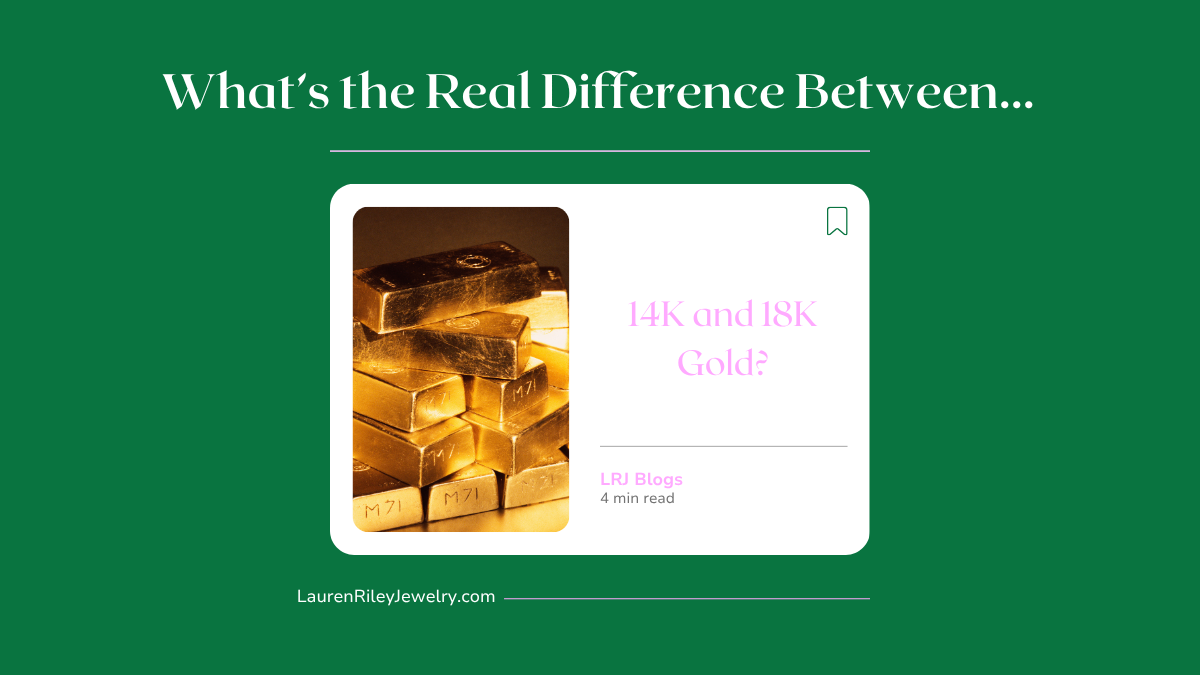 Stack of shiny gold bars representing the difference between 14K and 18K gold, featured in Lauren Riley Jewelry's educational blog about gold purity and value.