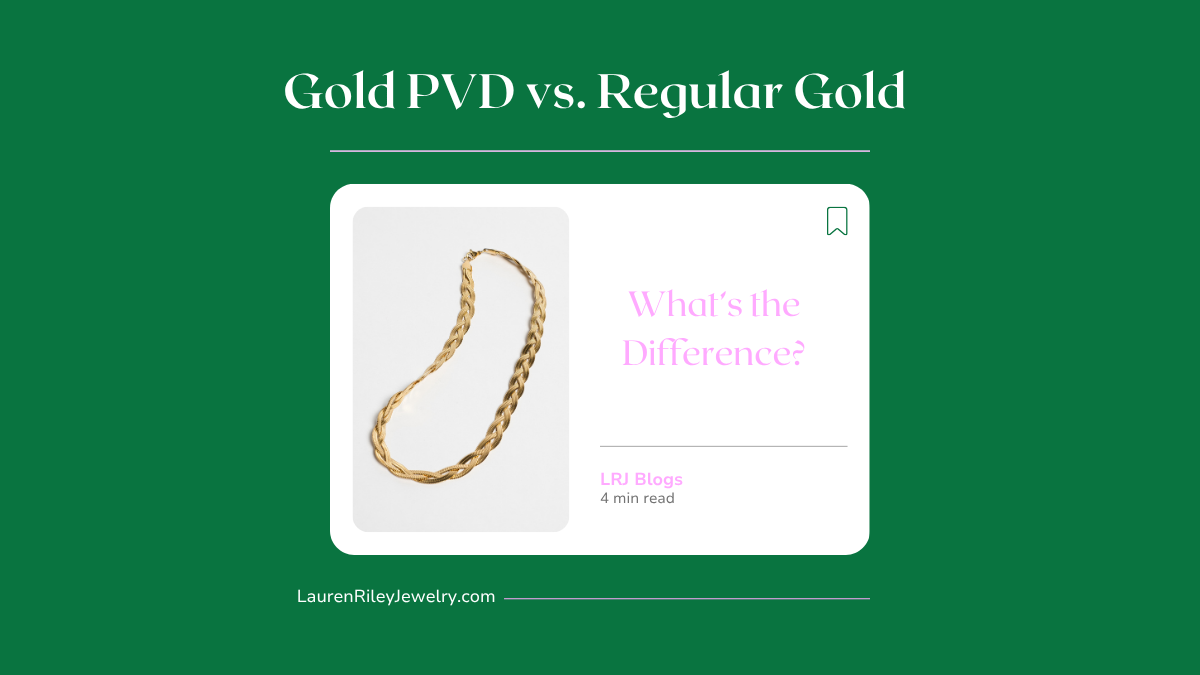 Gold interwoven chain necklace blog graphic comparing PVD gold vs. regular gold – Lauren Riley Jewelry educational guide