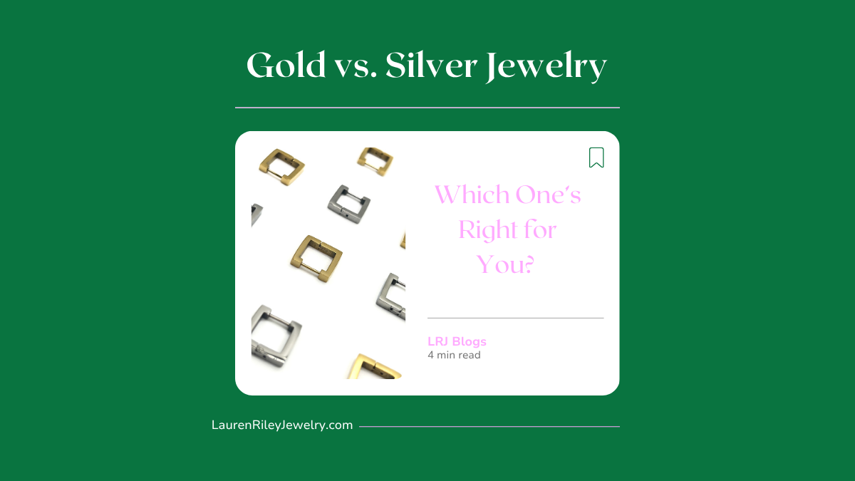Blog graphic for “Gold vs. Silver Jewelry” featuring a flatlay of square gold and silver earrings – Lauren Riley Jewelry style comparison guide