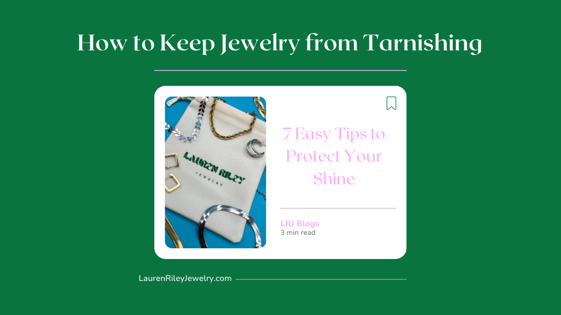Flatlay of tarnish-resistant gold and silver waterproof jewelry from Lauren Riley Jewelry with storage pouch — featured in blog post on how to keep jewelry from tarnishing