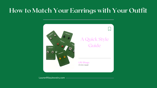 Image showing a variety of colorful handcrafted stud earrings from Lauren Riley Jewelry laid out on green display cards, promoting a style guide on how to match earrings with your outfit – perfect for fashion inspiration and jewelry styling tips.
