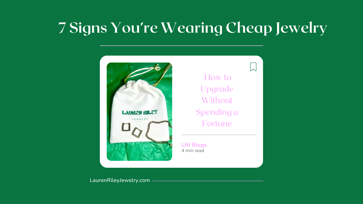 White Lauren Riley Jewelry pouch on green backdrop with waterproof gold and silver square hoop earrings and rope chain — visual for blog "7 Signs You’re Wearing Cheap Jewelry & How to Upgrade Without Spending a Fortune"