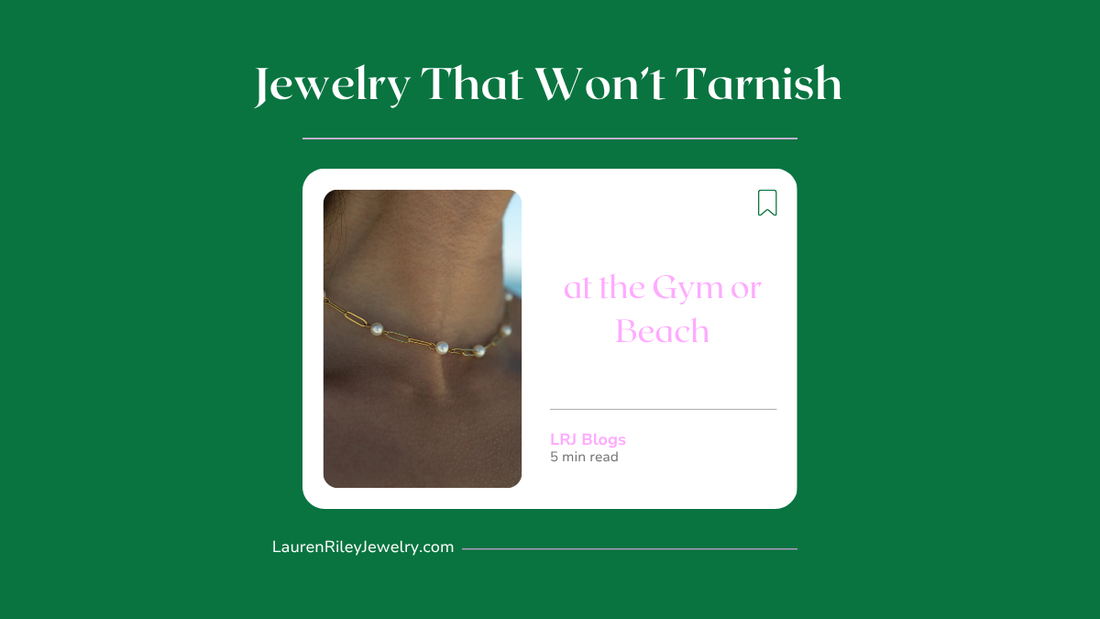 Close-up of gold paperclip chain pearl necklace worn at the beach — waterproof, tarnish-resistant, and hypoallergenic jewelry by Lauren Riley Jewelry