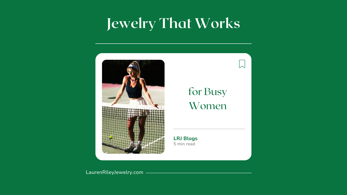 Jewelry that works for busy women featuring a woman on a tennis court wearing waterproof hypoallergenic tarnish free jewelry designed for active everyday wear.