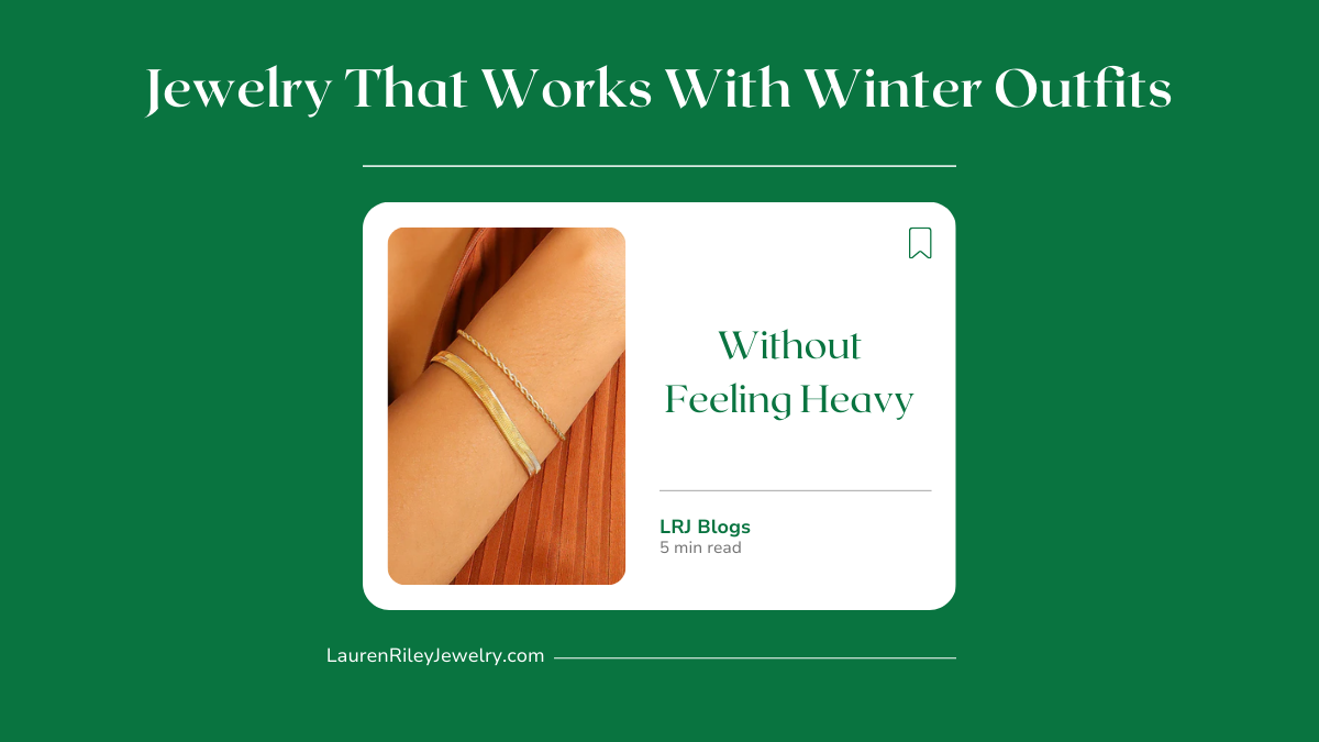 Gold bracelets styled on an arm with a warm-toned outfit, promoting lightweight jewelry that works with winter outfits without feeling bulky or uncomfortable.