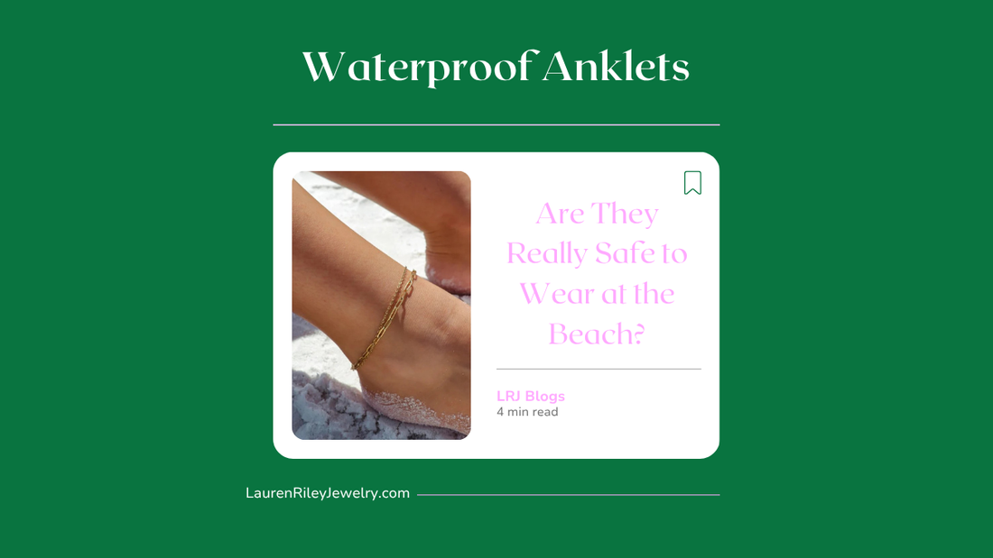 Waterproof gold layered chain anklets worn at the beach – hypoallergenic and tarnish-resistant summer jewelry by Lauren Riley Jewelry.