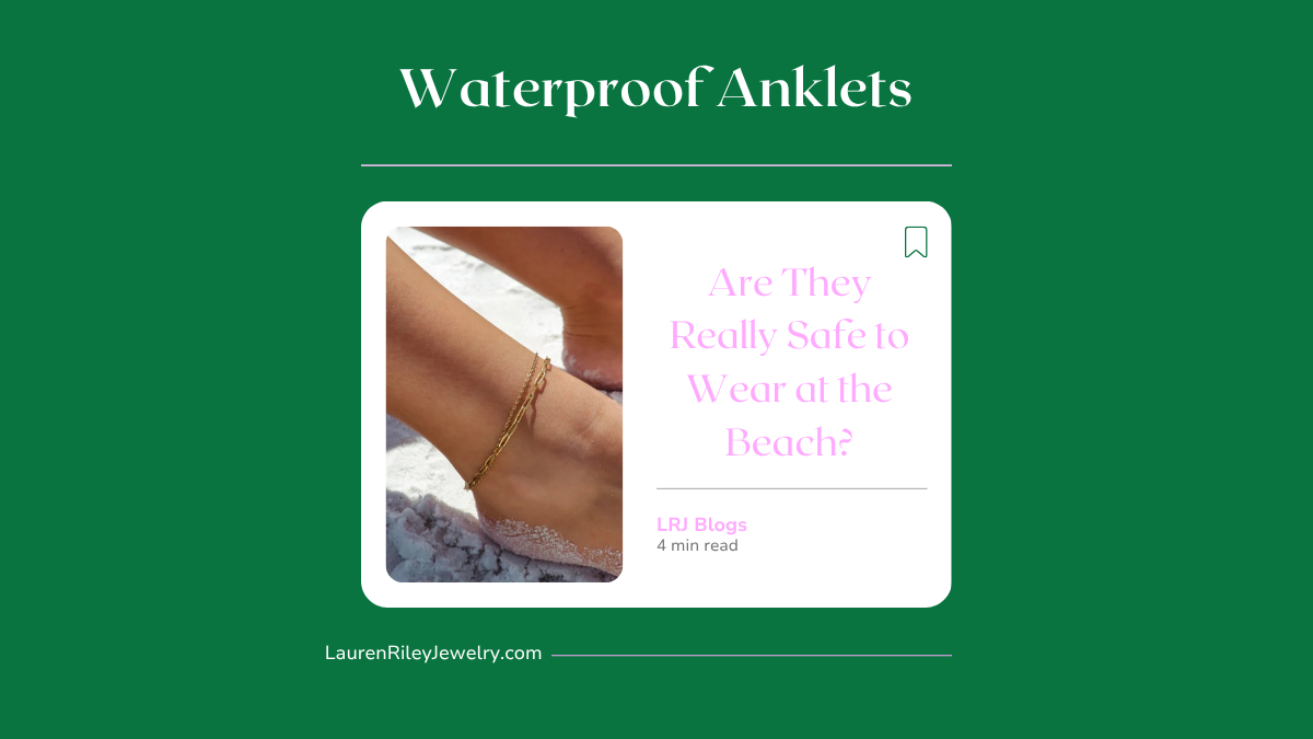 Waterproof gold layered chain anklets worn at the beach – hypoallergenic and tarnish-resistant summer jewelry by Lauren Riley Jewelry.