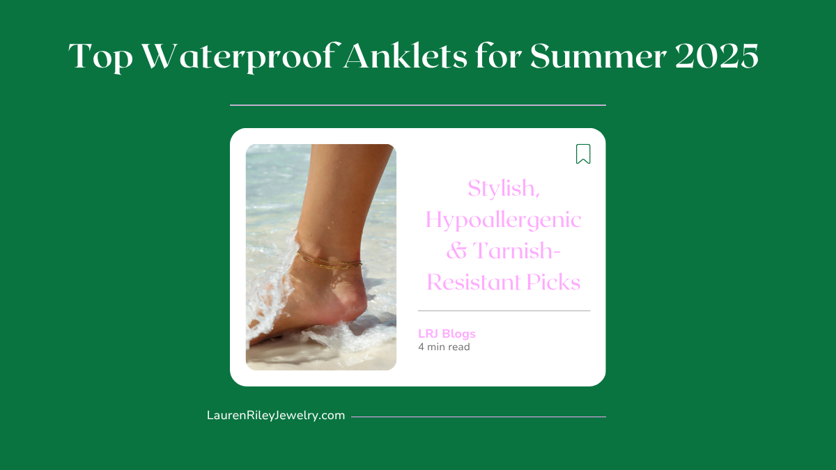 Waterproof gold anklet worn at the beach – hypoallergenic and tarnish-resistant summer jewelry from Lauren Riley Jewelry