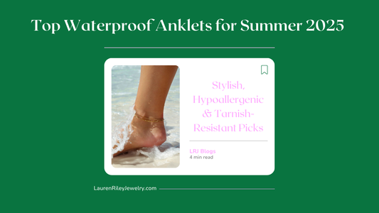 Waterproof gold anklet worn at the beach – hypoallergenic and tarnish-resistant summer jewelry from Lauren Riley Jewelry