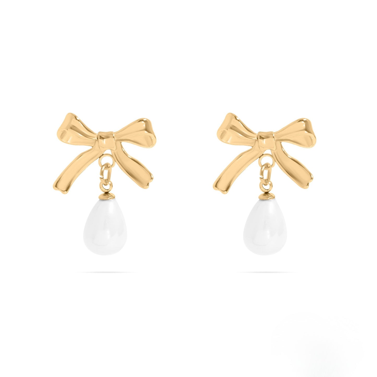 18k gold PVD freshwater pearl bow dangle earrings with polished bow design and drop pearl