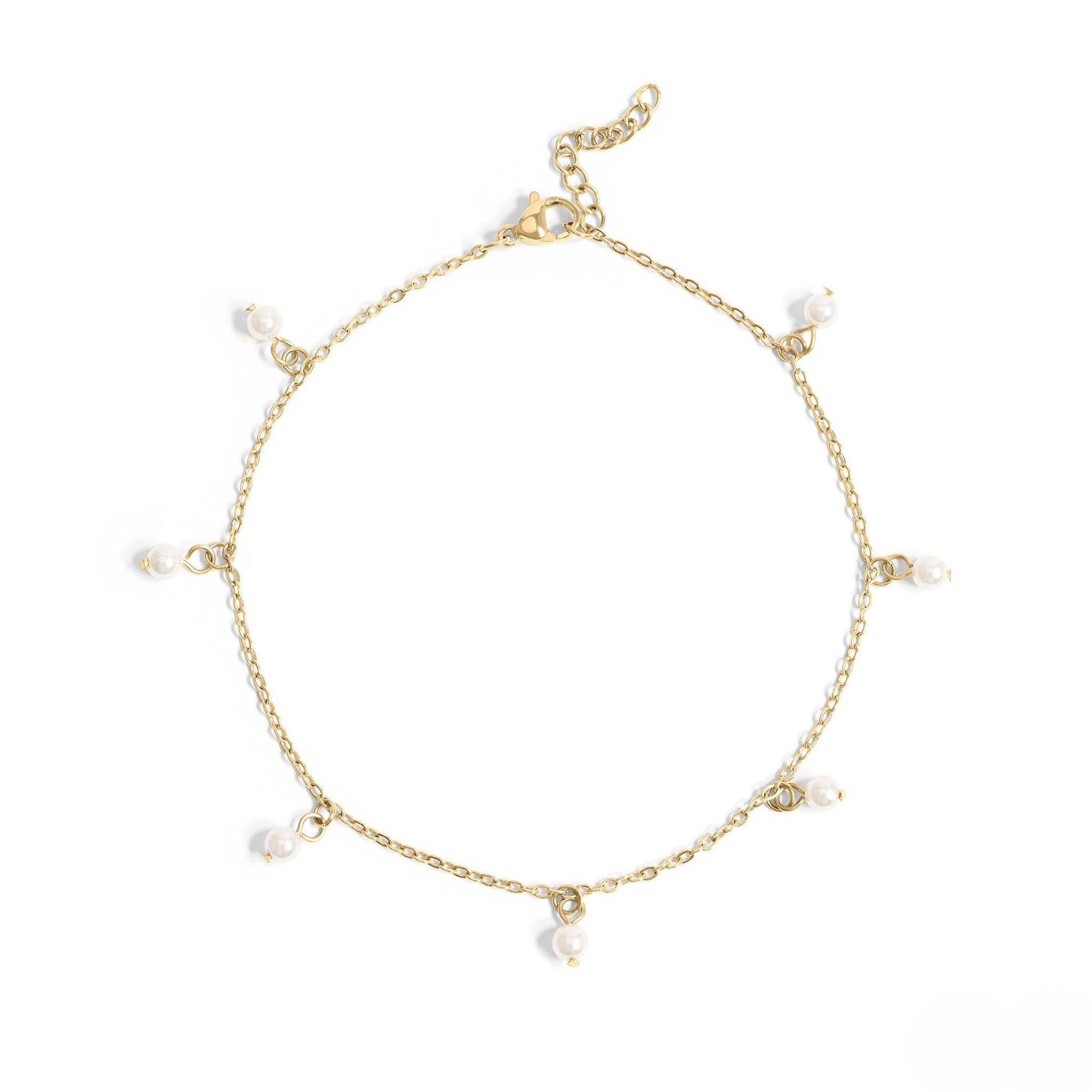 Dainty gold anklet with small pearl charms – beach-ready, waterproof, and perfect for stacking from Lauren Riley Jewelry