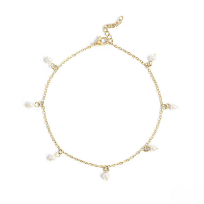 Dainty gold anklet with small pearl charms – beach-ready, waterproof, and perfect for stacking from Lauren Riley Jewelry