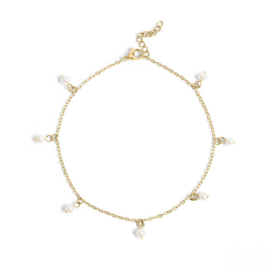 Dainty gold anklet with small pearl charms – beach-ready, waterproof, and perfect for stacking from Lauren Riley Jewelry