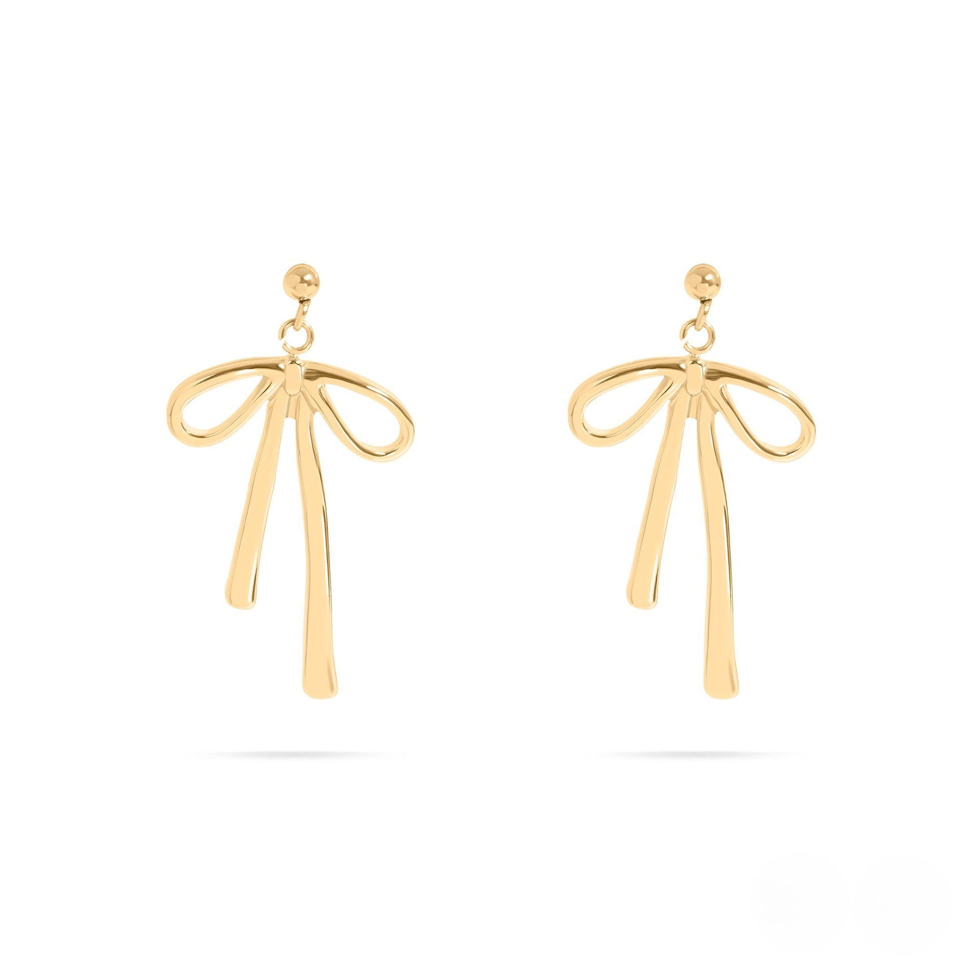 Pair of gold bow drop earrings with a ribbon-inspired design, shown on a white background. Tarnish-free, hypoallergenic, and waterproof earrings from Lauren Riley Jewelry.