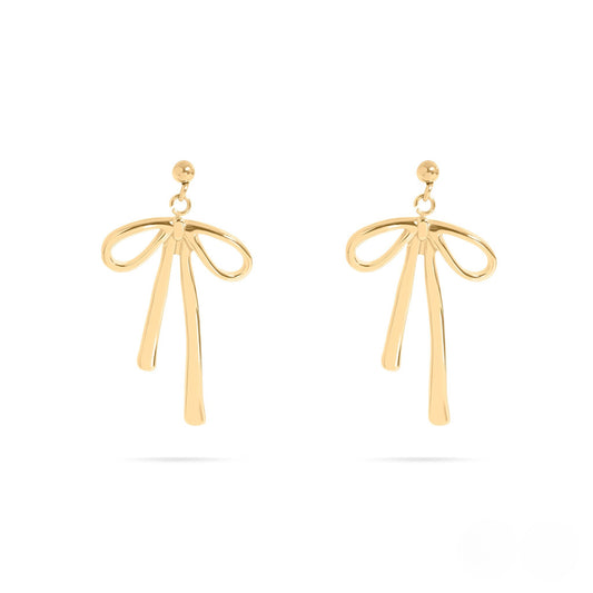 Pair of gold bow drop earrings with a ribbon-inspired design, shown on a white background. Tarnish-free, hypoallergenic, and waterproof earrings from Lauren Riley Jewelry.