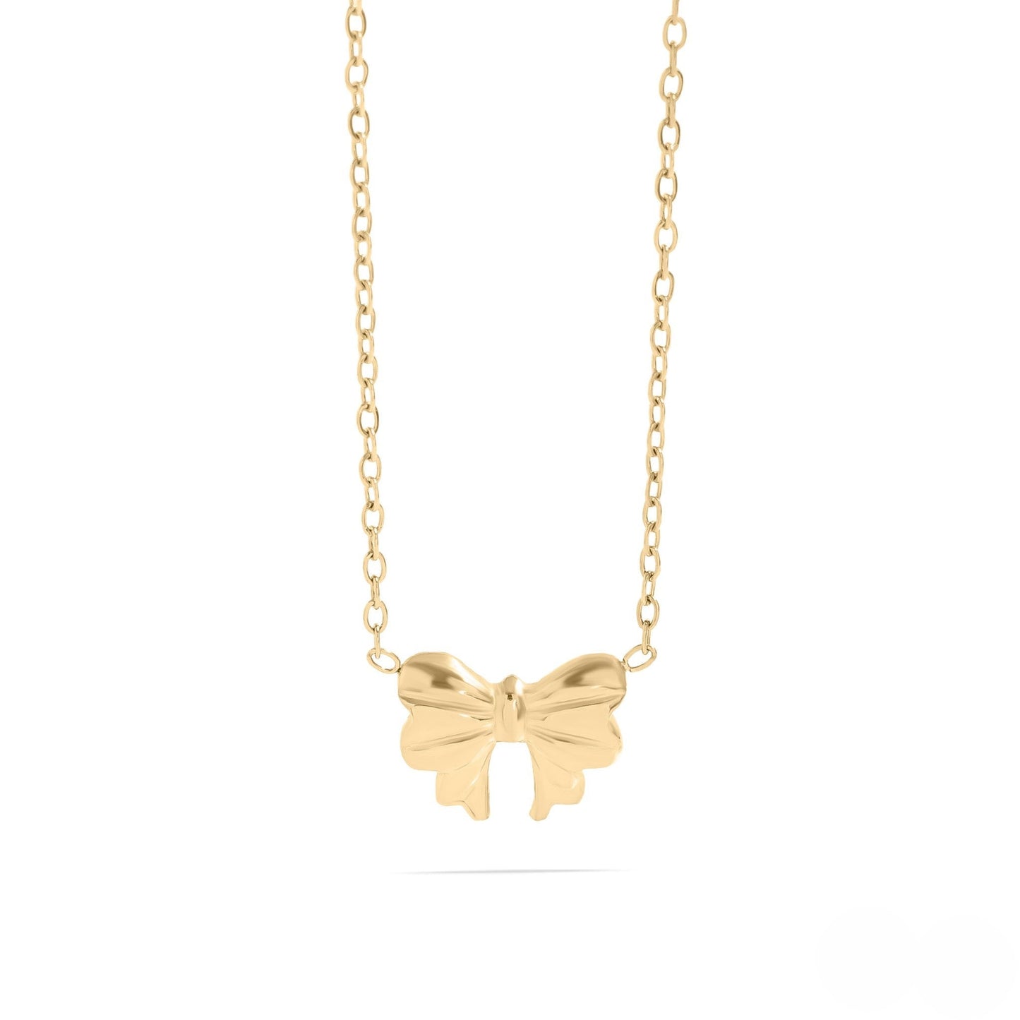 Dainty gold bow pendant necklace with waterproof and hypoallergenic finish from Lauren Riley Jewelry