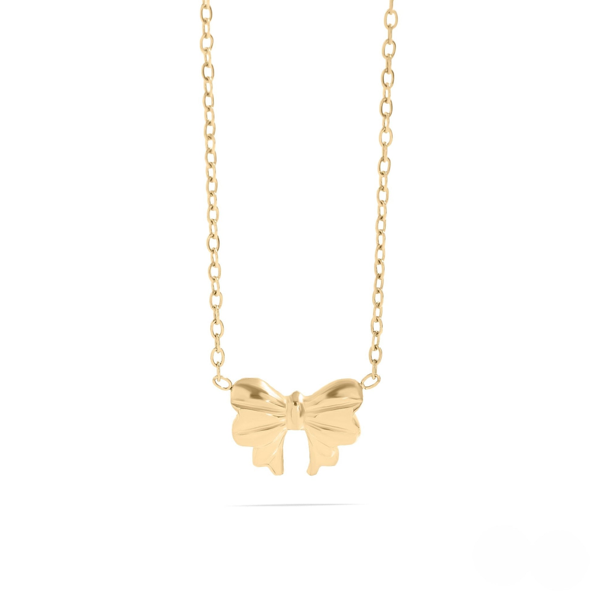 Dainty gold bow pendant necklace with waterproof and hypoallergenic finish from Lauren Riley Jewelry