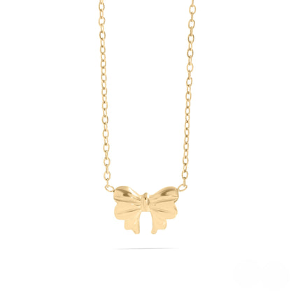 Dainty gold bow pendant necklace with waterproof and hypoallergenic finish from Lauren Riley Jewelry